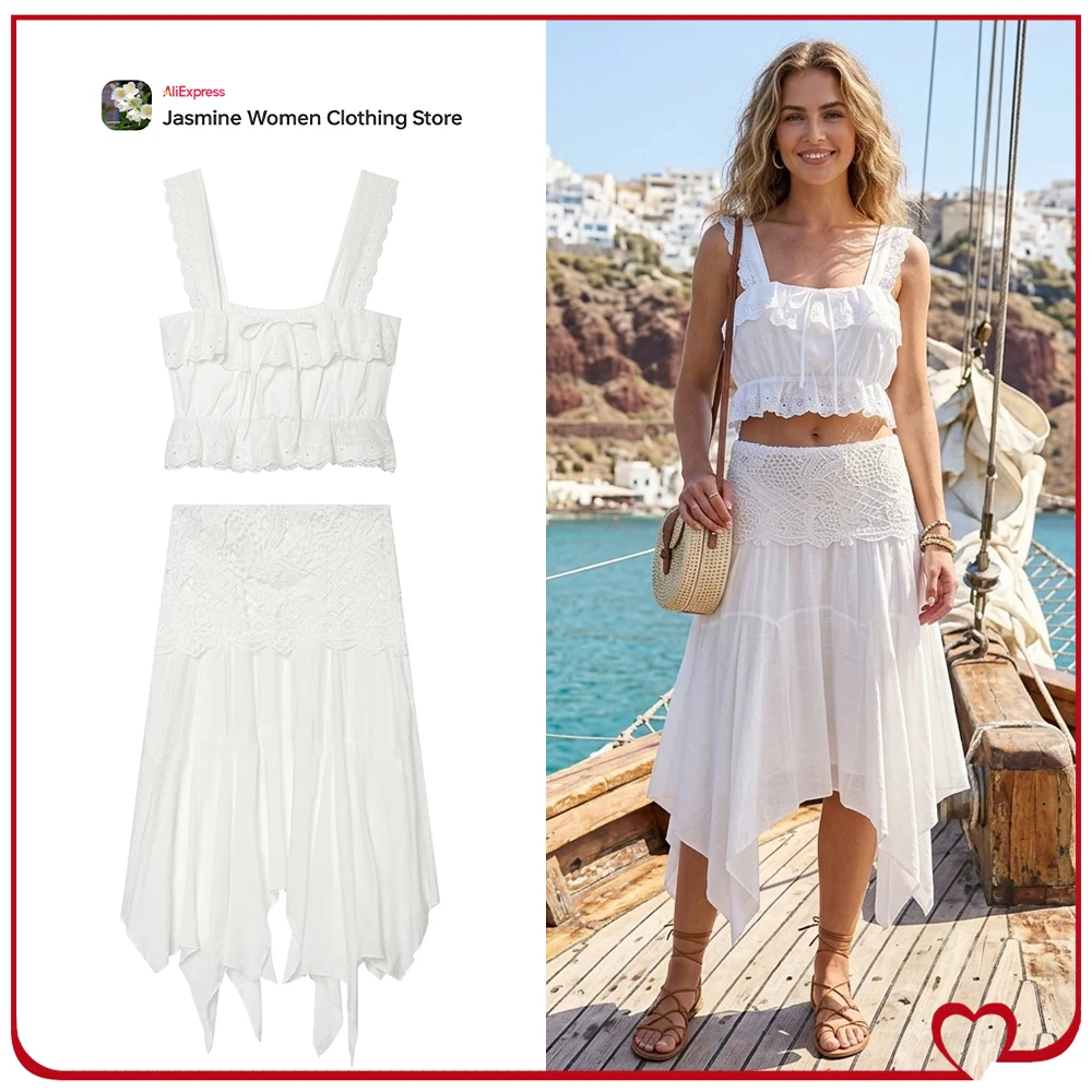 

Stylish Summer Embroidered Eyelet 2 Piece Sets for Women Embroidered Eyelet Short Top and Midi Skirt with Asymmetric Pointed Hem