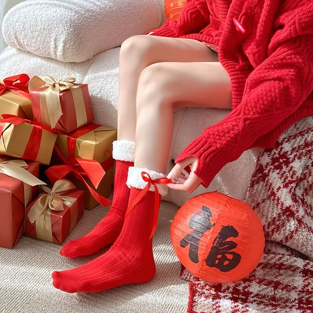 Cute Female Hosiery New Year Red Socks Bow Cotton Children Red Socks Sleeping Socks Floor Socks Middle Tube Socks Autumn