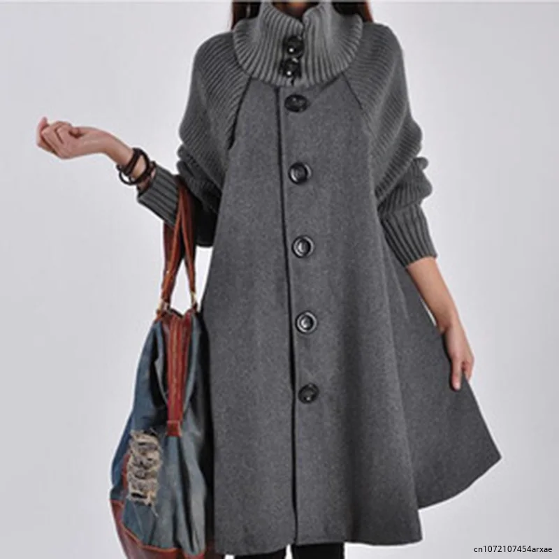 

Woolen Coat Winter Cloak Knit Long-sleeved High O-neck Trench Coat Female Spring Autumn Women's Single-breasted Windbreaker Gray