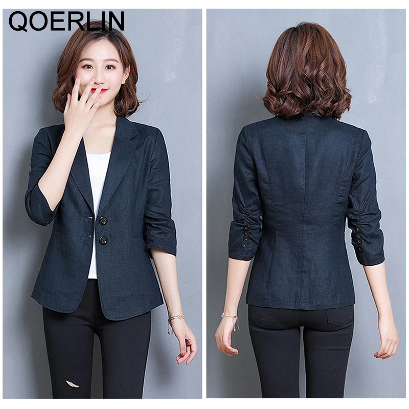 QOERLIN Notched Collar Blazer Linen Suit Jacket Women 2022 New Slim Thin Summer Cotton Linen Pocket Two Buttons Suit Office Lady