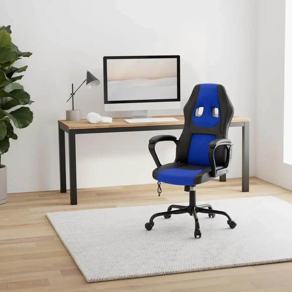 Ergonomic PU Leather Gaming Chair with Swivel, Massage Lumbar Support, Padded Armrests - Blue