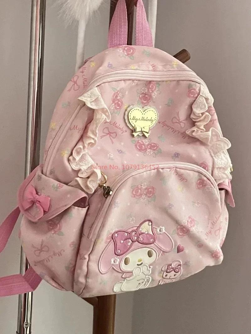 My Melody Sanrio Sweet And Cute Girl Heart Backpack Y2k Cartoon Schoolbags Fragmented Flower Zipper Backpack Girls Gifts