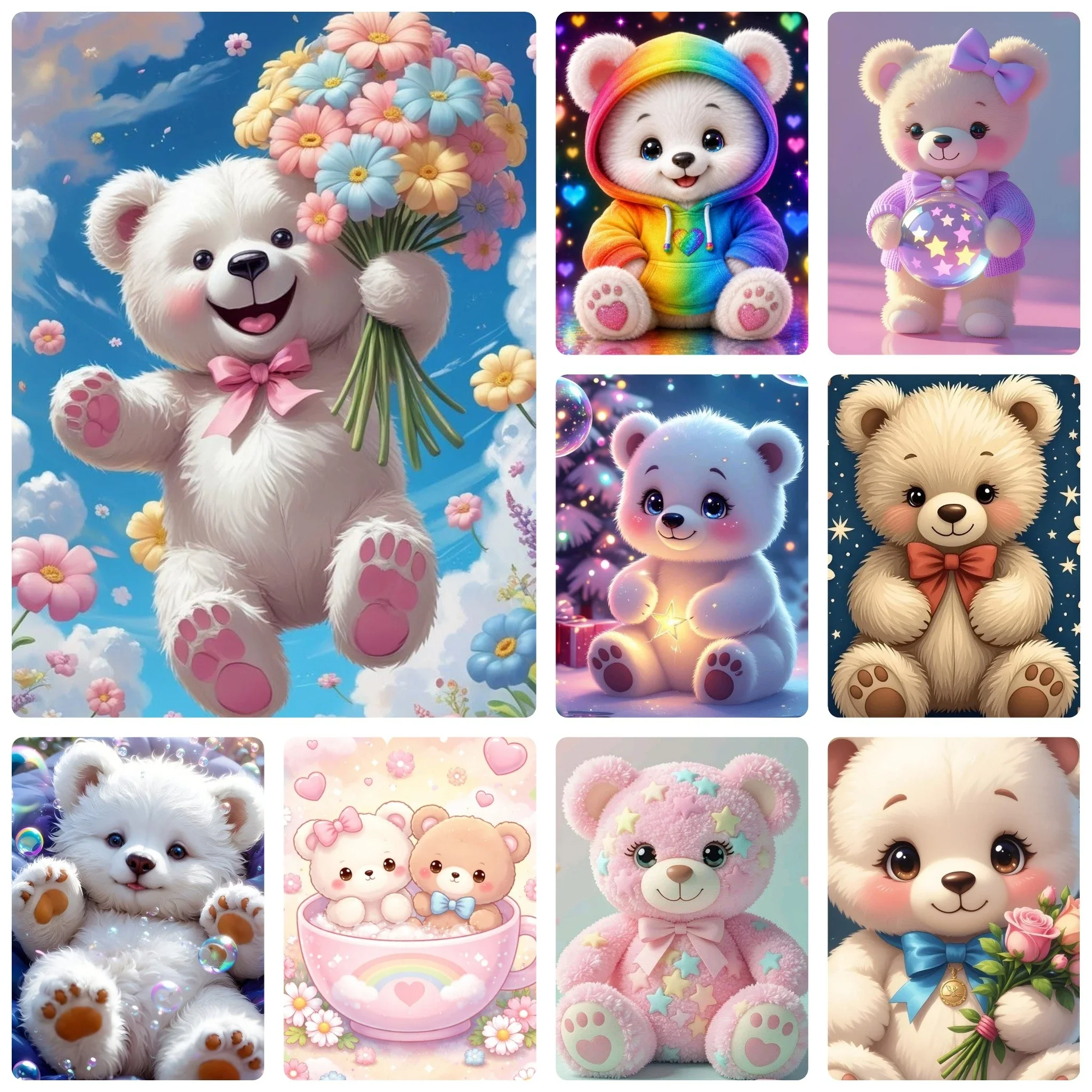 5D DIY Diamond Painting, Adorable Plush Bear With Flower Rainbow Dreamy Scene, Relaxing DIY Craft, Holiday & Birthday Gift
