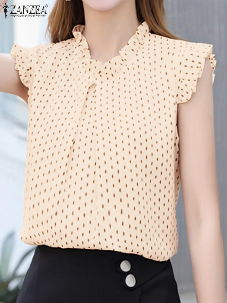 Summer Sleeveless Ruffle Tank Tops Elegant Casual OL Work Shirt Female Fashion Party Blusas Mujer ZANZEA Women Polka Dot Blouse