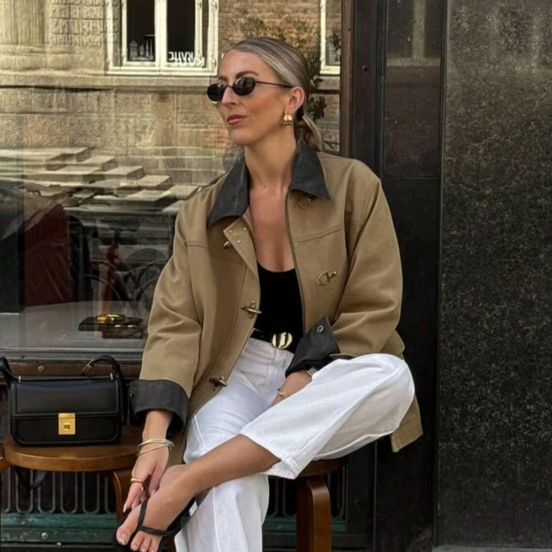 

Women's Casual Workwear Autumn Fashion Patchwork Leather Turn-Down Collar Pocket Jacket Multifunctional Daily Coat