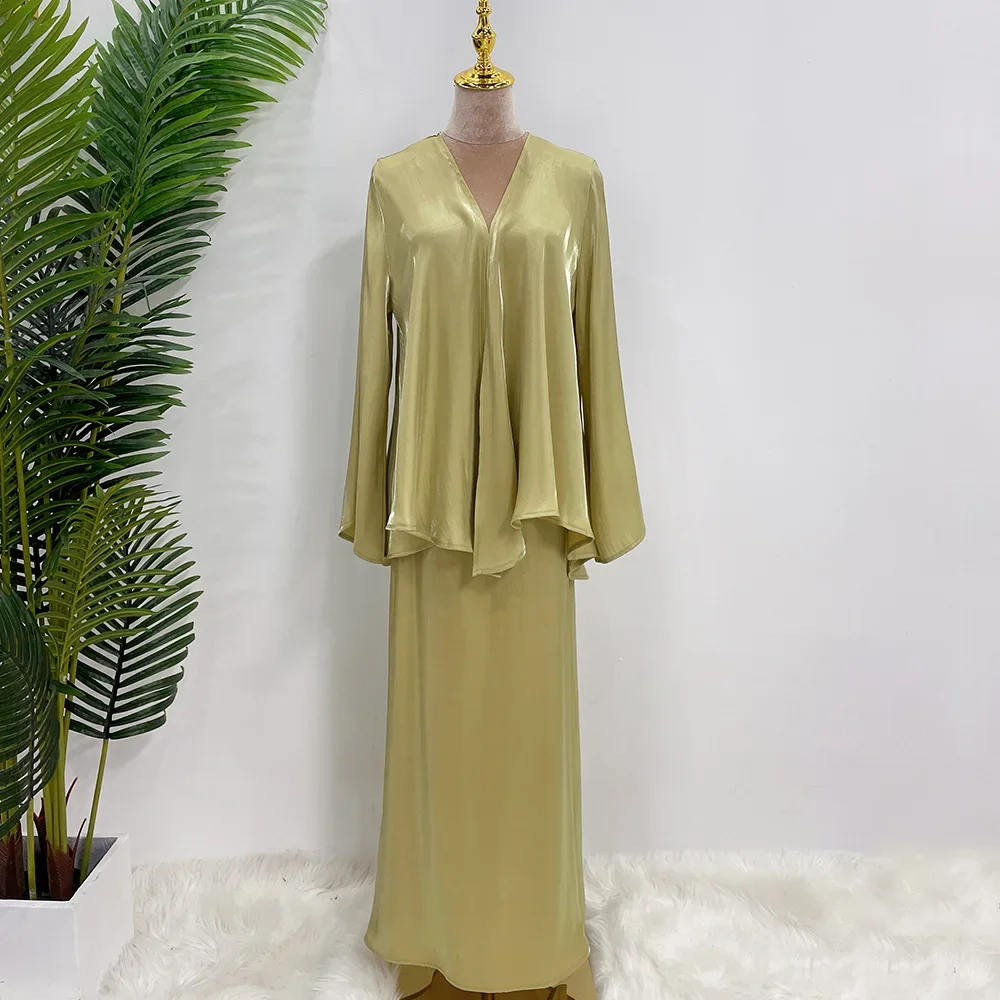 2pcs Fashion Abaya Muslim Women Kimono Long Sleeve Open Tops Skirt Sets Dubai Turkey Arab Gowns Dress Clothing Suit Solid Color