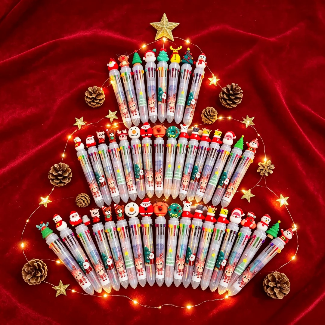 10-50Pcs Christmas 10‑in‑1 Multicolor Ballpoint Pen, Cute Santa Elk Tree Retractable Pen, Xmas Holiday Stationery Gift Supplies