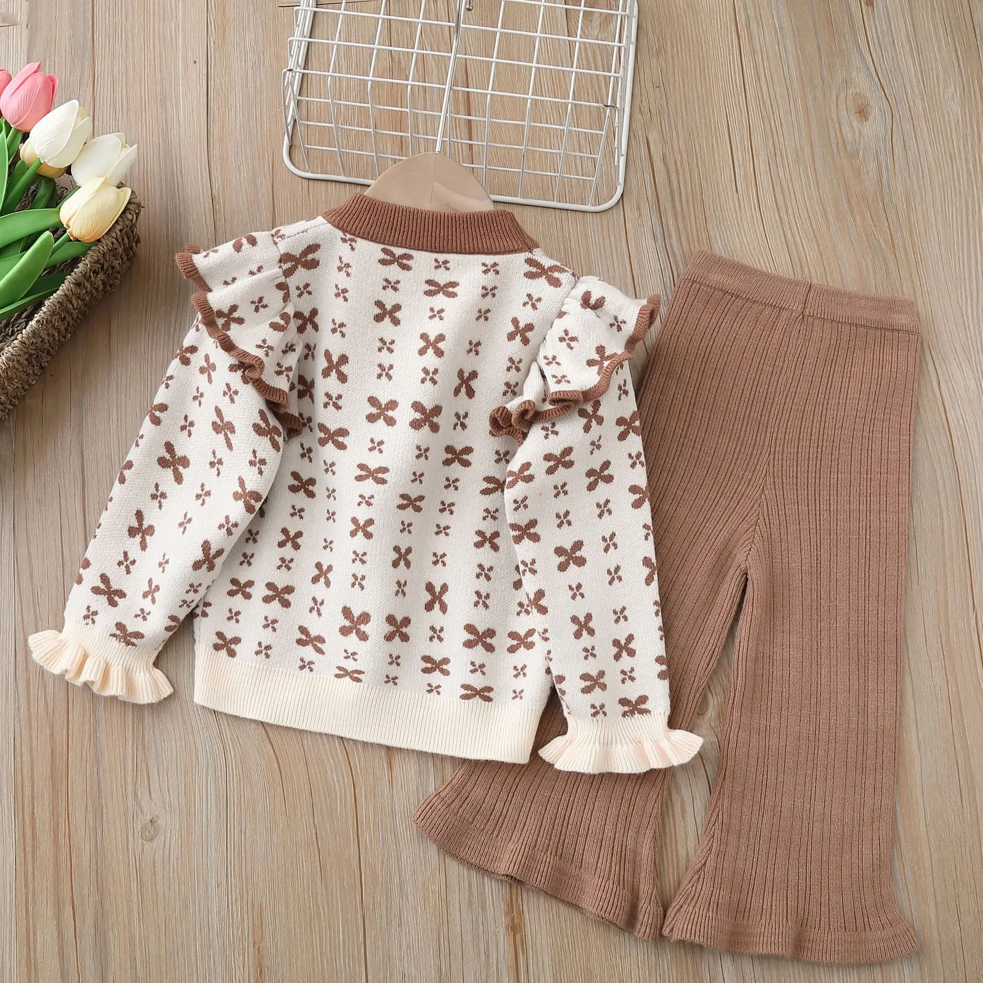 2026 Autumn And Winter New Style girls' Sweater set, A bow-tie Little Girl round-neck Sweater Top And Pants two-piece set, 2-6Y