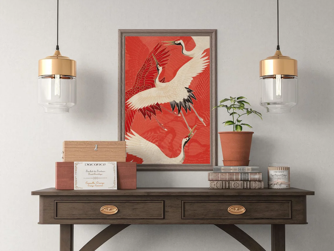 鶴のイラストが描かれたヴィンテージの日本のポスター、アートプ - Home Decor Japanese のレビューと価格