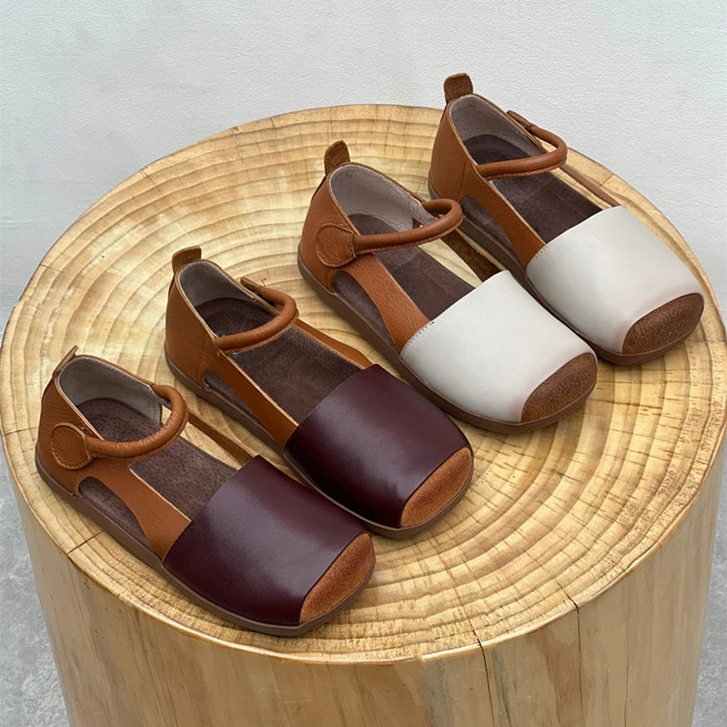 

Retro nostalgic summer flat bottomed women's shoes, cowhide women's sandals, all genuine leather