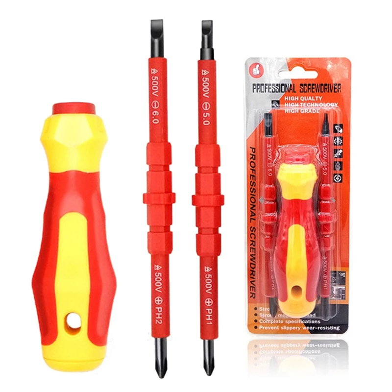 

3-in-1 Electricians Insulated Screwdriver Kit Interchangeable Magnetic Blades – PH1/PH2 Slotted Cross Bits Multipurpose Tool