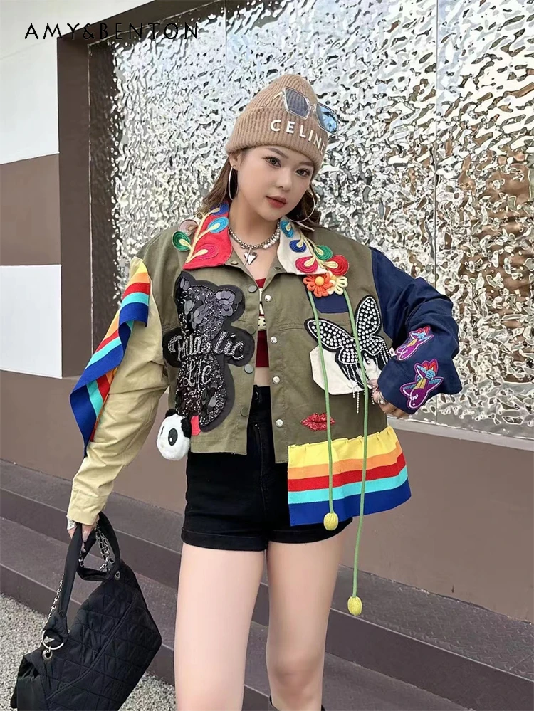 

Fashion Street Hip Hop Heavy Embroidery Sequins Embroidery Short Coat Women High-Grade Irregular Patchwork Loose Slim Jackets