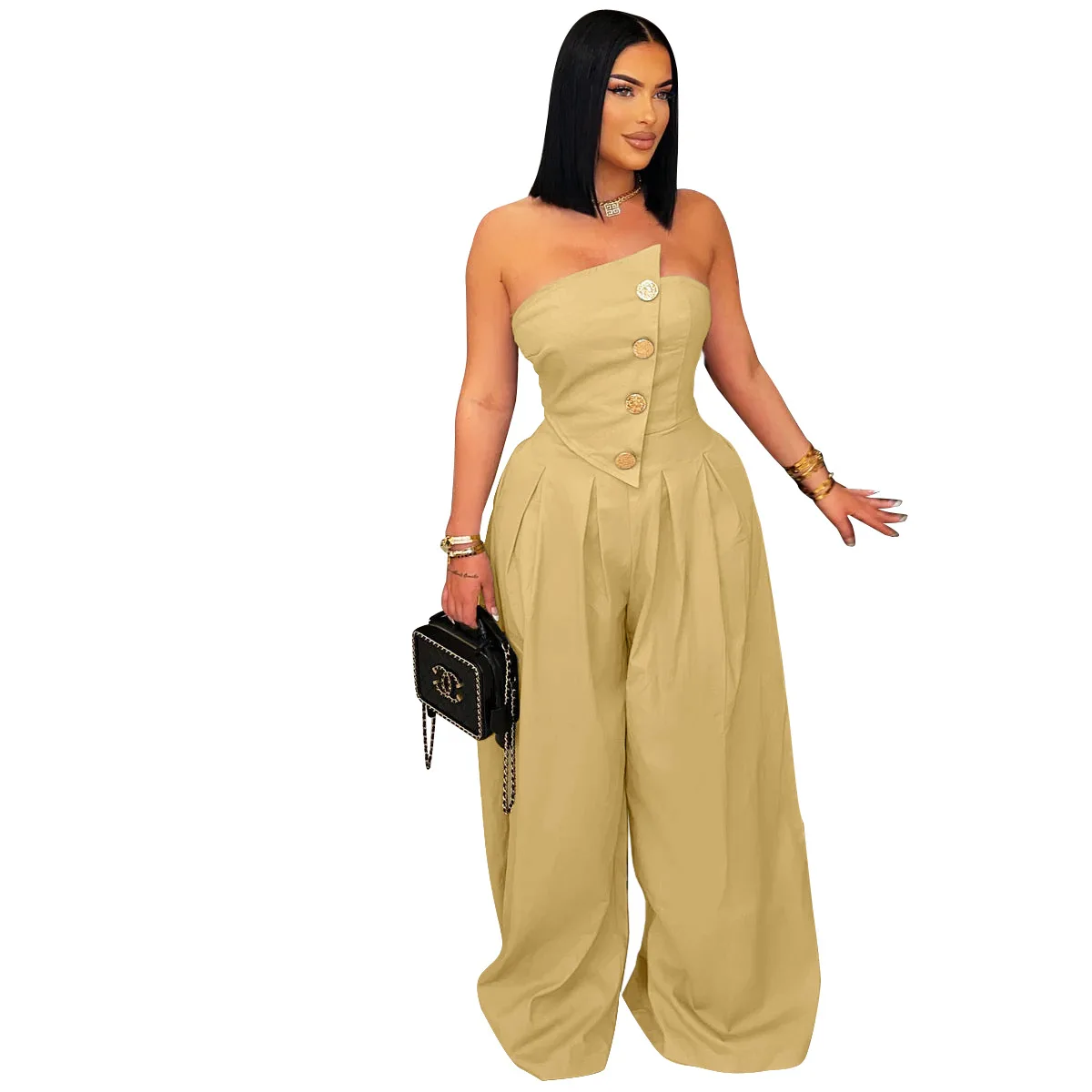 EINY Chic Fashion Women Button Splicing Strapless Wide Leg Jumpsuits 2025 Summer Sexy Party Club One Piece Suit Rompers Playsuit