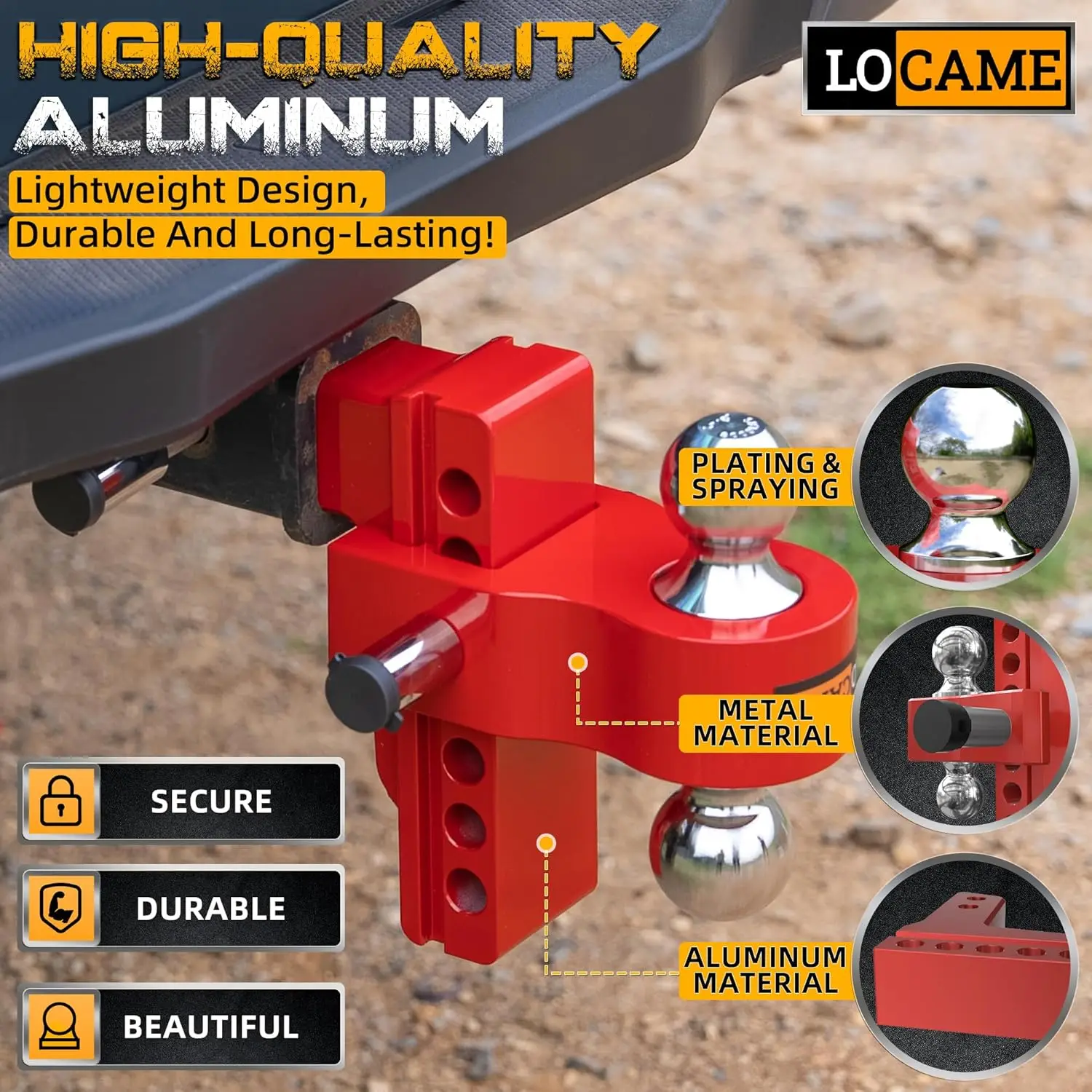 Adjustable Trailer Hitch, 2.5-Inch Receiver, 6-Inch Drop/Rise, 18,500 LBS GTW, Aluminum, Stainless Steel Locks, Red
