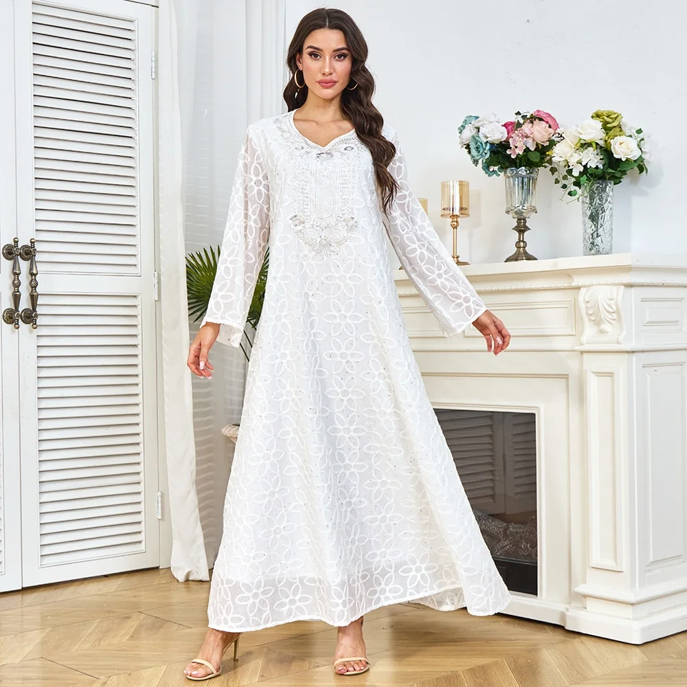 

OEM женское элегантное белое платье Абая, юбка с пайетками для свадьбы, скромный стиль на лето и осень, малазийский дизайн для Ближнего Востока