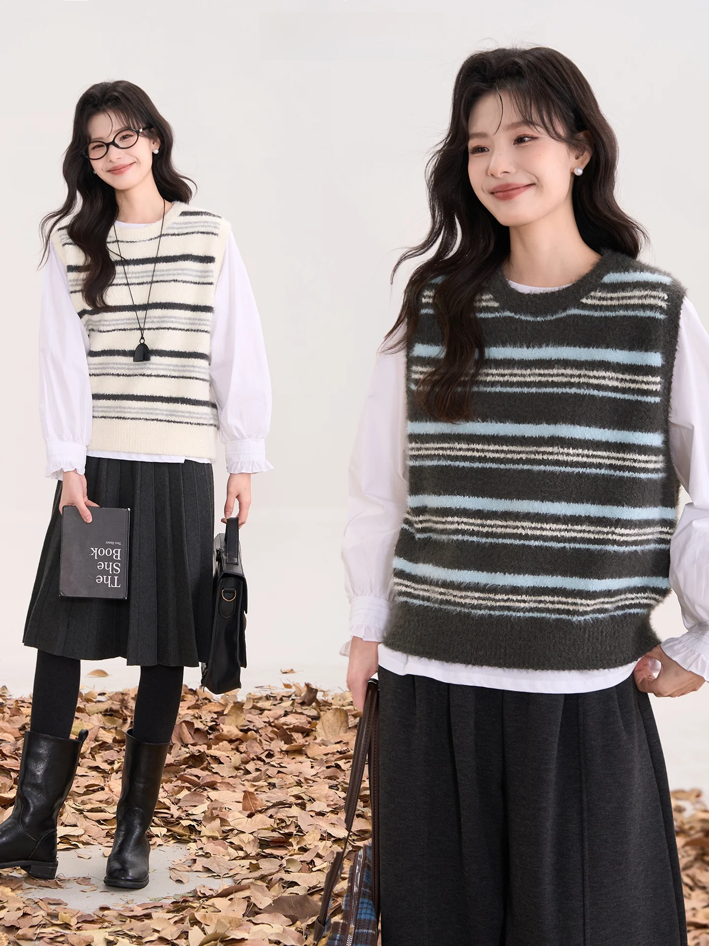

Heme Cotton Fce Warm Sun Imitation Mink Stripe Knitted Vest Two-Piece Set Women's irt T-irt Loose Fit Casual Wear