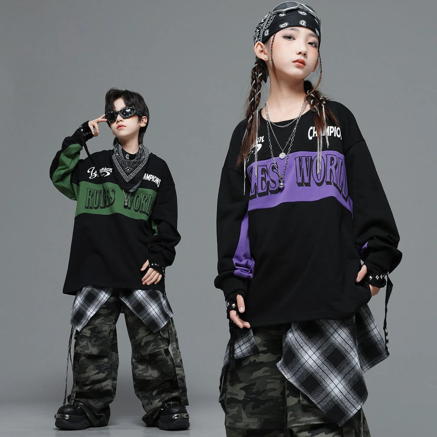 子供 Kpop ヒップホップ服黒文字スウェットシャツ迷彩ストラップパラシュートカーゴパンツ女の子男の子ストリートダンス衣装服