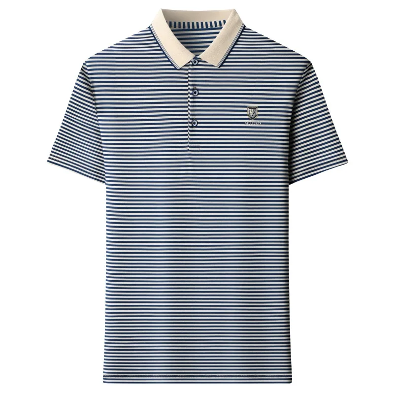 Cotton short sleeved T-shirt for men\'s summer new lapel striped printed loose dad\'s polo shirt