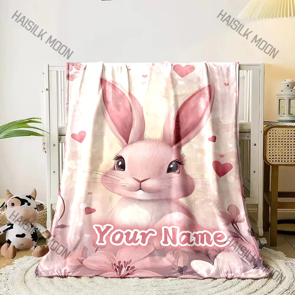 

(Memo U Name) Customized Name Personalized Blanket Cute Cartoon Rabbit Print Warm Comfortable Blanket for Adults Kids Gifts