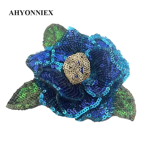 Embroidered Shining Diamond Sequins Blue Flower Patch, DIY Clothes Accessories, Size 12cm x 10.5cm, 1 Piece