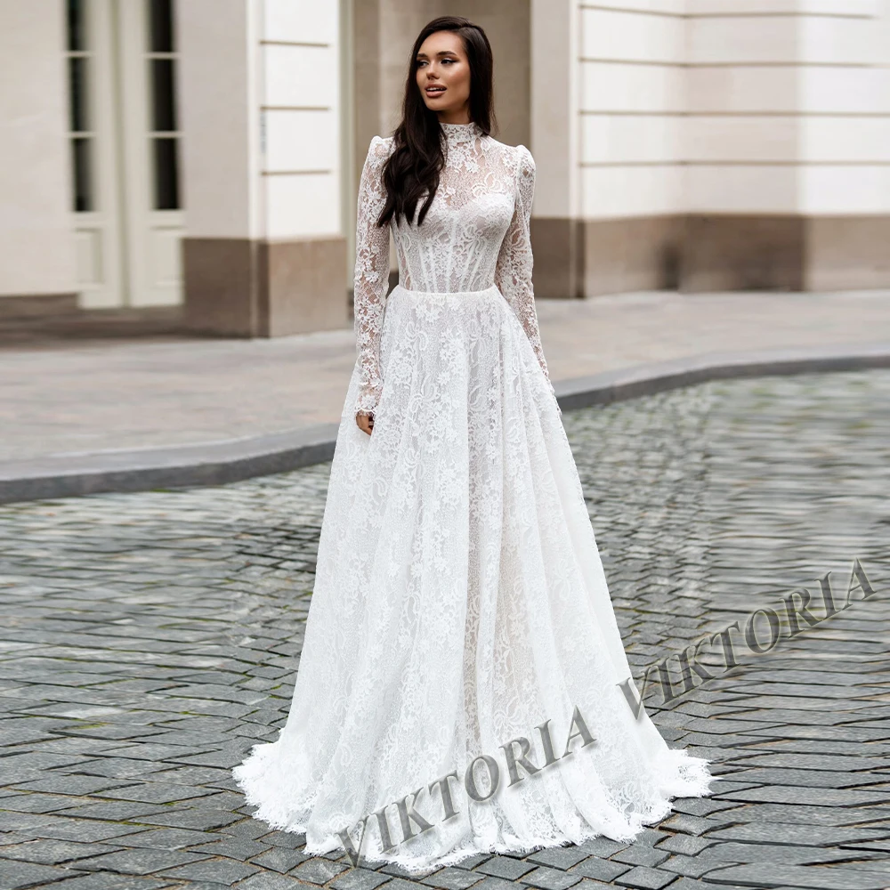vintage high neck wedding dress Luxury Modest Long Sleeve Vintage-Inspired Lace Gown Plus Size Size 16 perfect for a sophisticated VIKTORIA Vintage High Neck Wedding