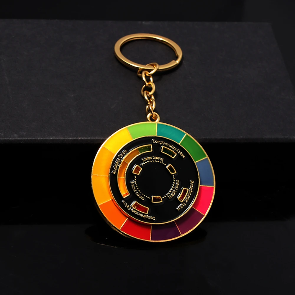 Color Wheel Keychain Enamel Spinning (Black/ White) Theory Artist Gift Keychains for Backpack Hats Pins Boards Rainbow Gifts