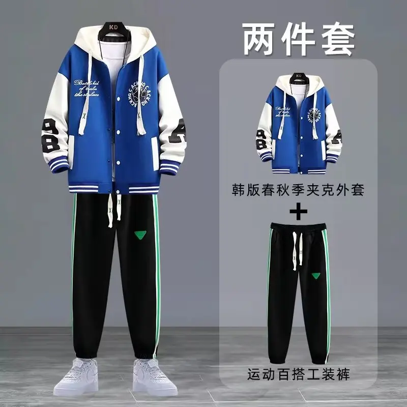 Hooded Jacket Pants Set Men Cotton Korean Harajuku Baseball Jersey Trousers 2 Piece Set Fashion High Quality Men's Clothing New view 3