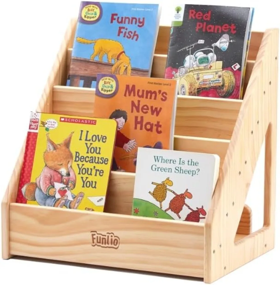 FUNLIO Montessori Bookshelf for Toddlers 1-5 Years, Front-Facing Kids Bookshelf with Handle & Anti-Tilting Device