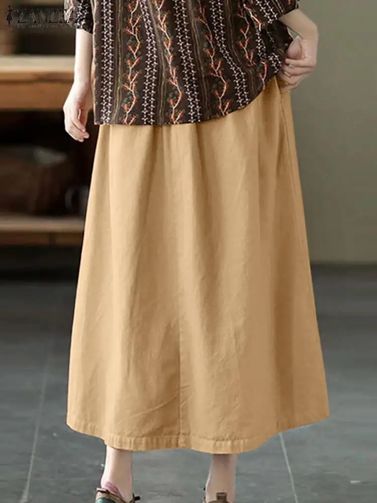 ZANZEA Fashion Pleated Jupes Women Umbrella Midi Skirts 2024 Summer Elastic Waist Long Skirt Holiday Casual Loose Buttons Faldas