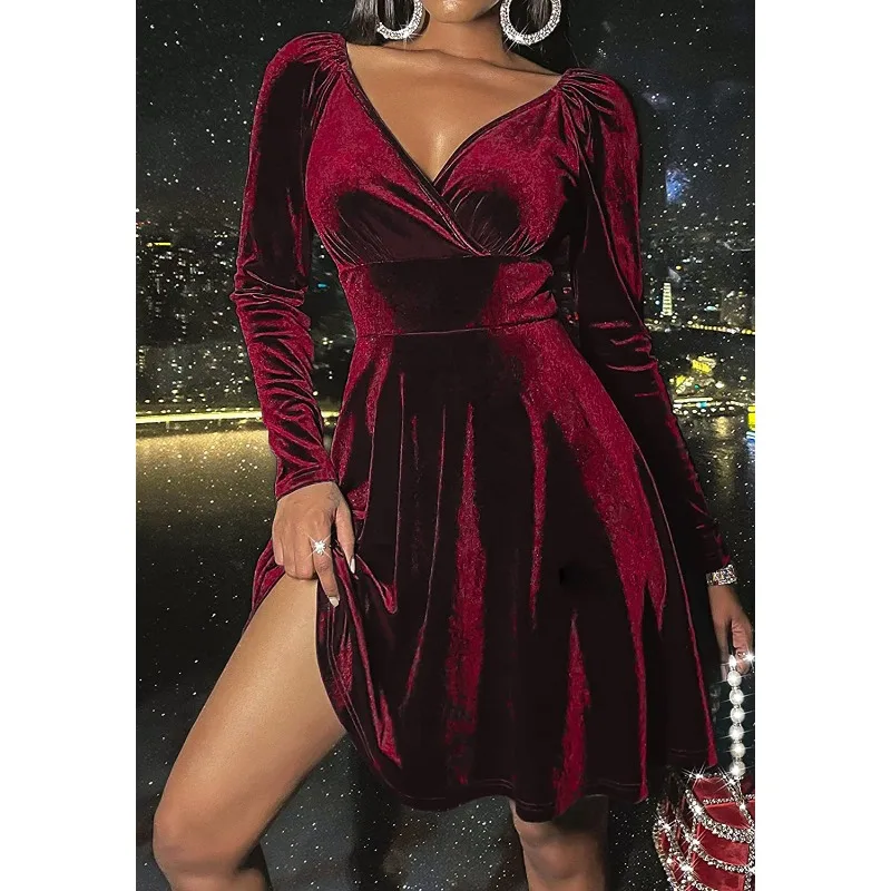 

2025 Spring and Autumn Festival Dress Christmas Long Sleeve V-Neck Dress