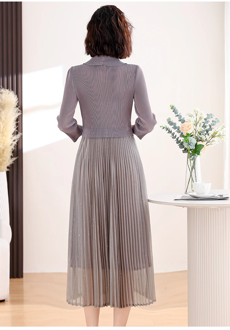 2024 Spring New Pleated Dress Women\'s Suit Collar Long Sleeve Mesh Splice Elastic Waist Fake Two Knee Length Dresses