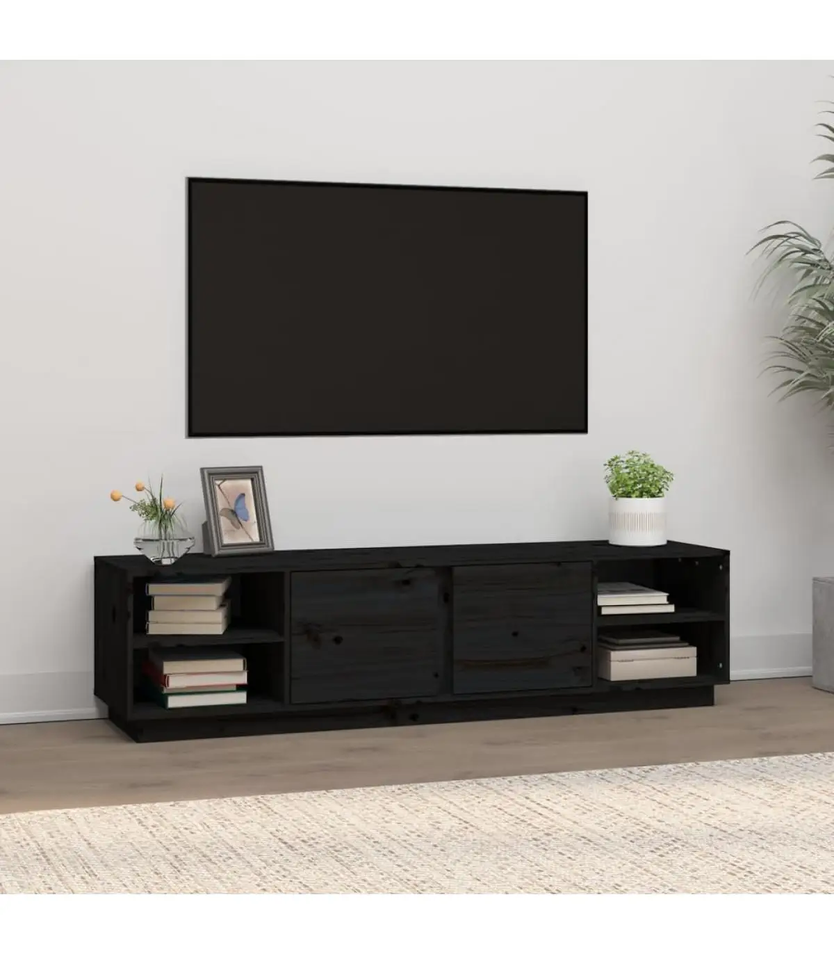 TV furniture TV furniture solid pine wood Black 156x40x40 cm