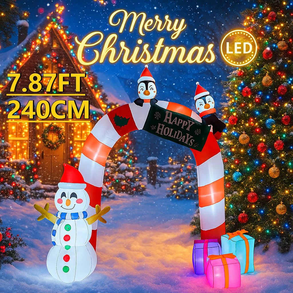 

7.87FT Christmas Inflatable Toys Arch Snowman Penguin Gift LED Supplies Festive Gift Home Ornament Christmas Yard Decoration