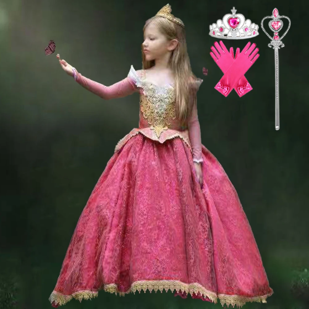 Girls Sleeping Beauty Aurora Carnival Cosplay Halloween Costumes Pink Birthday Gown Fancy Princess Party Dress Children Clothing