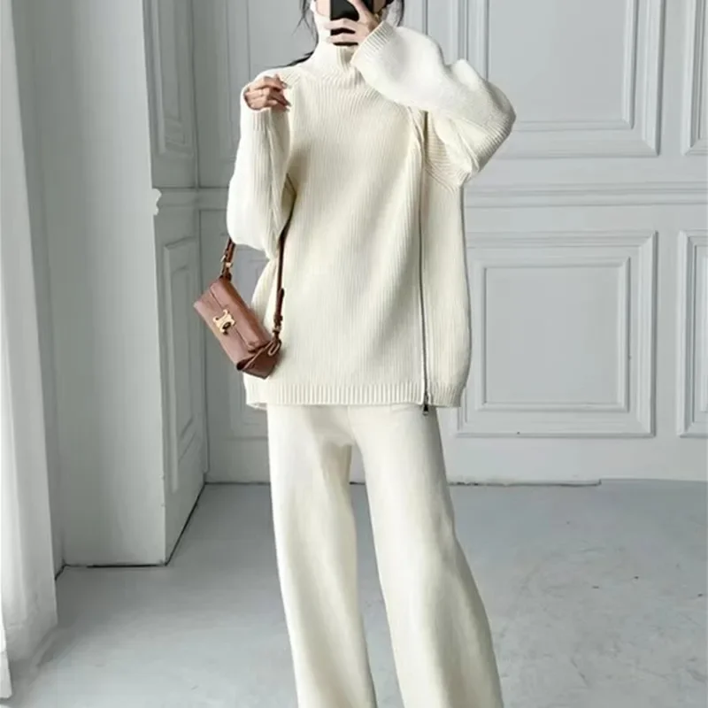 Muslim Sets Women Knitting Two Pieces Turtleneck Pullover Zipper Sweater Knitted Wide Leg Pants Suit Casual Ensemble Knitwear