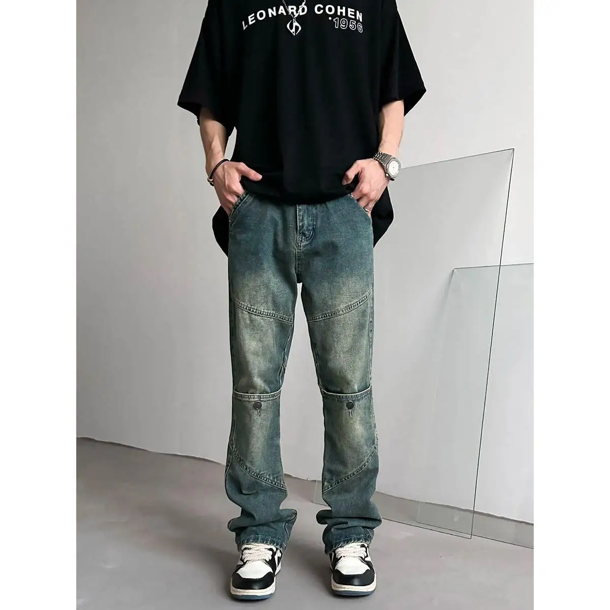 

Мужские джинсы на молнии в американском стиле ретро, новинка 2025, летние повседневные прямые брюки-клеш с микро-клеш, модный бренд High Street Vibe