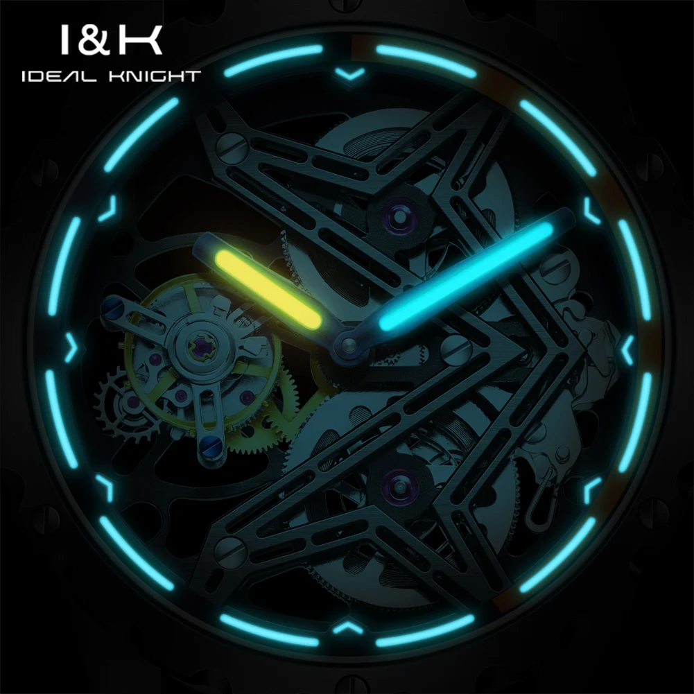 Ideal Knight Tourbillon Automatic Watch for Men Orange Blue Luminous Dial Fashion Black Steel Strap Hand Clock Great Wall Series