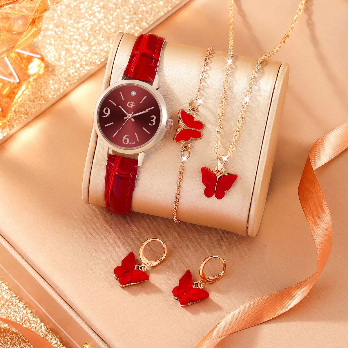 5pcs Women's Simple All-in-one Star Rhinestone Digital Leather Quartz Watch Crystal Butterfly Necklace Bracelet Earrings Set