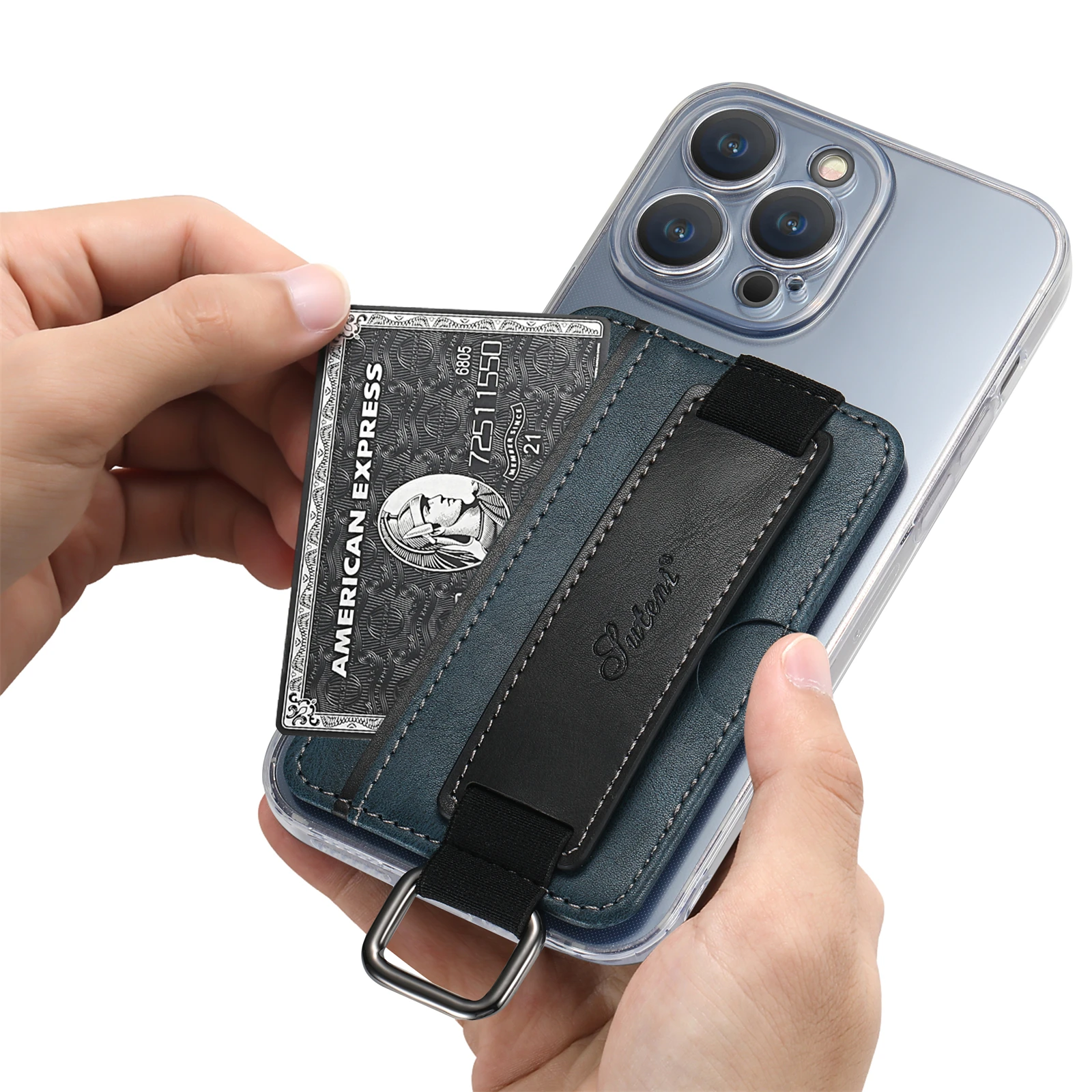 Leather Card Pocket Phone Stand for iPhone 16 15 14 13 Pro Max 3M Adhesive Ring Holder Phone Kickstand for Samsung Pixel ID Bag