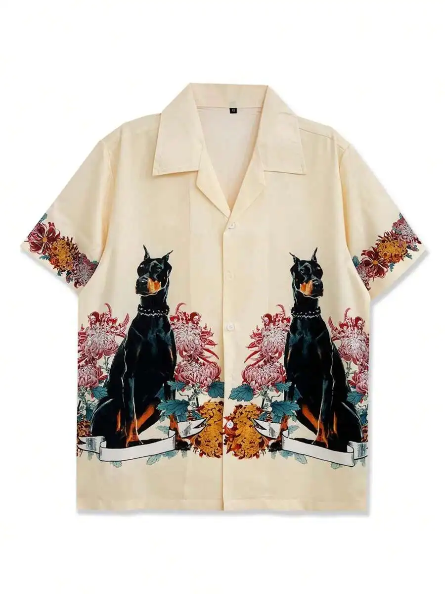 

Men's Short Sleeve Casual Shirt with Dog and Floral Print, Beach Style
