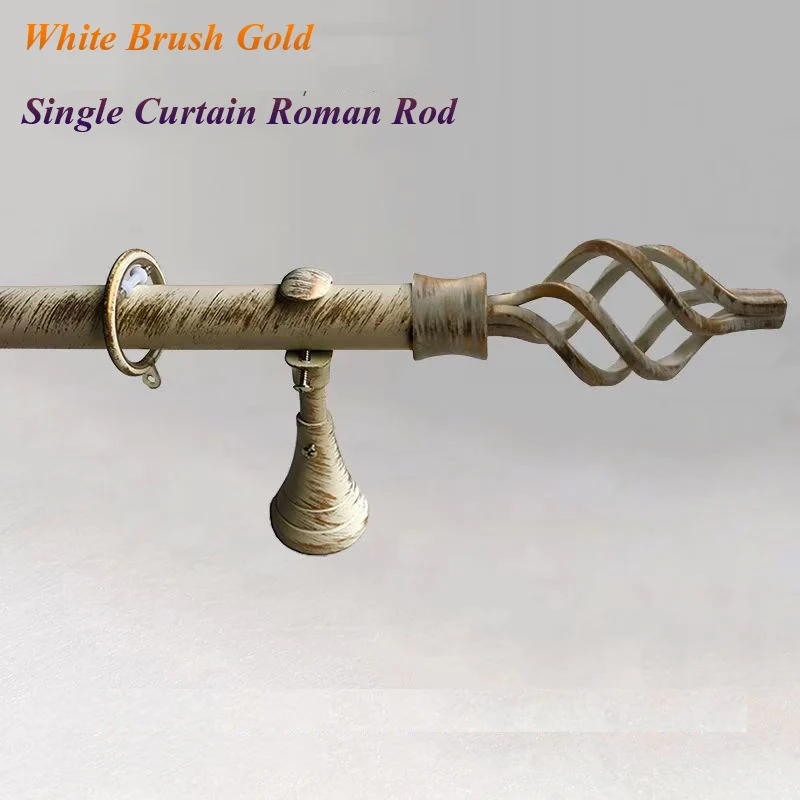 White Brush Gold ﻿Double Curtain Roman Rod Premium Carbon Steel Pole For Windows,With Bird Cage Rod Finials,Rings,Brackets Sets