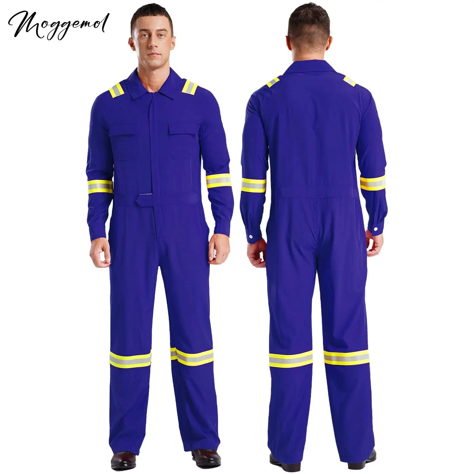 Mens Coveralls High Visibility Reflective Stripes Overalls Turn-Down Collar Long Sleeves Zipper Jumpsuits Work Mechanic Uniform