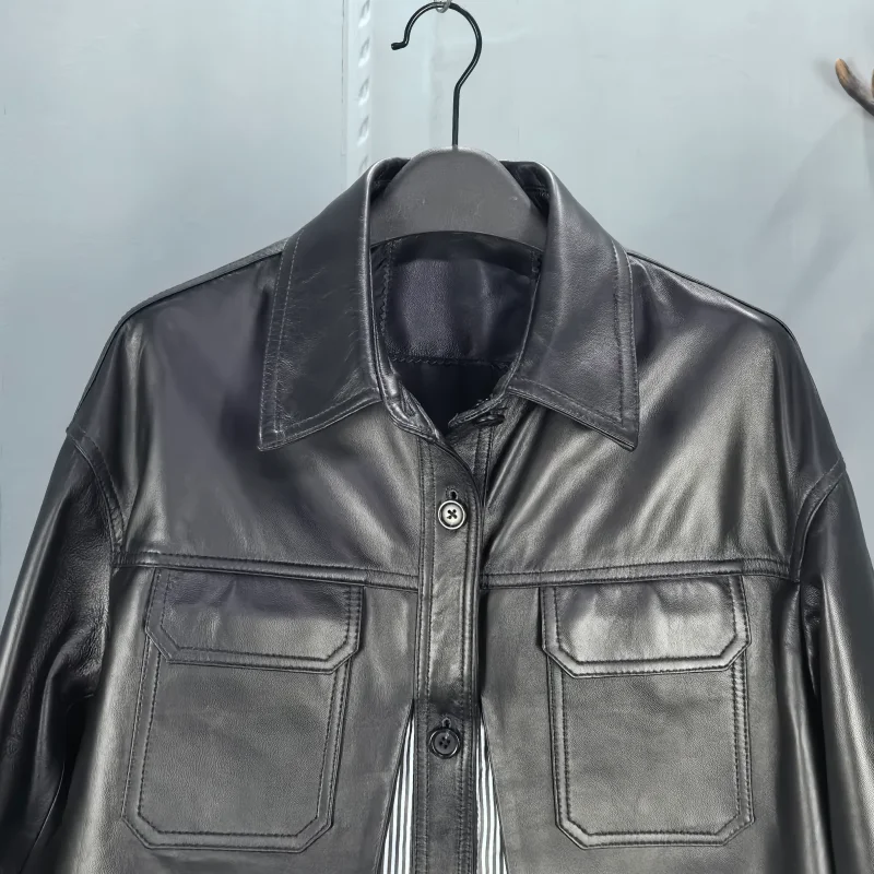 Autunno Inverno Nuovo Sle Donna Vera Pelle Jaet eepskin Cappotto Allentato Moto Sle Falso Colletto in Due Pezzi Design