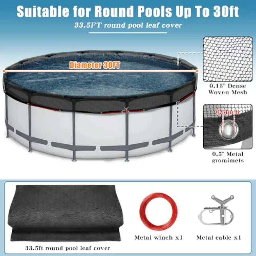 Above Ground Pool Leaf Net Cover, 30 FT, Ultra-Fine 0.15'' Mesh, Black, Prevents Leaves and Debris Entry with Winch Cable