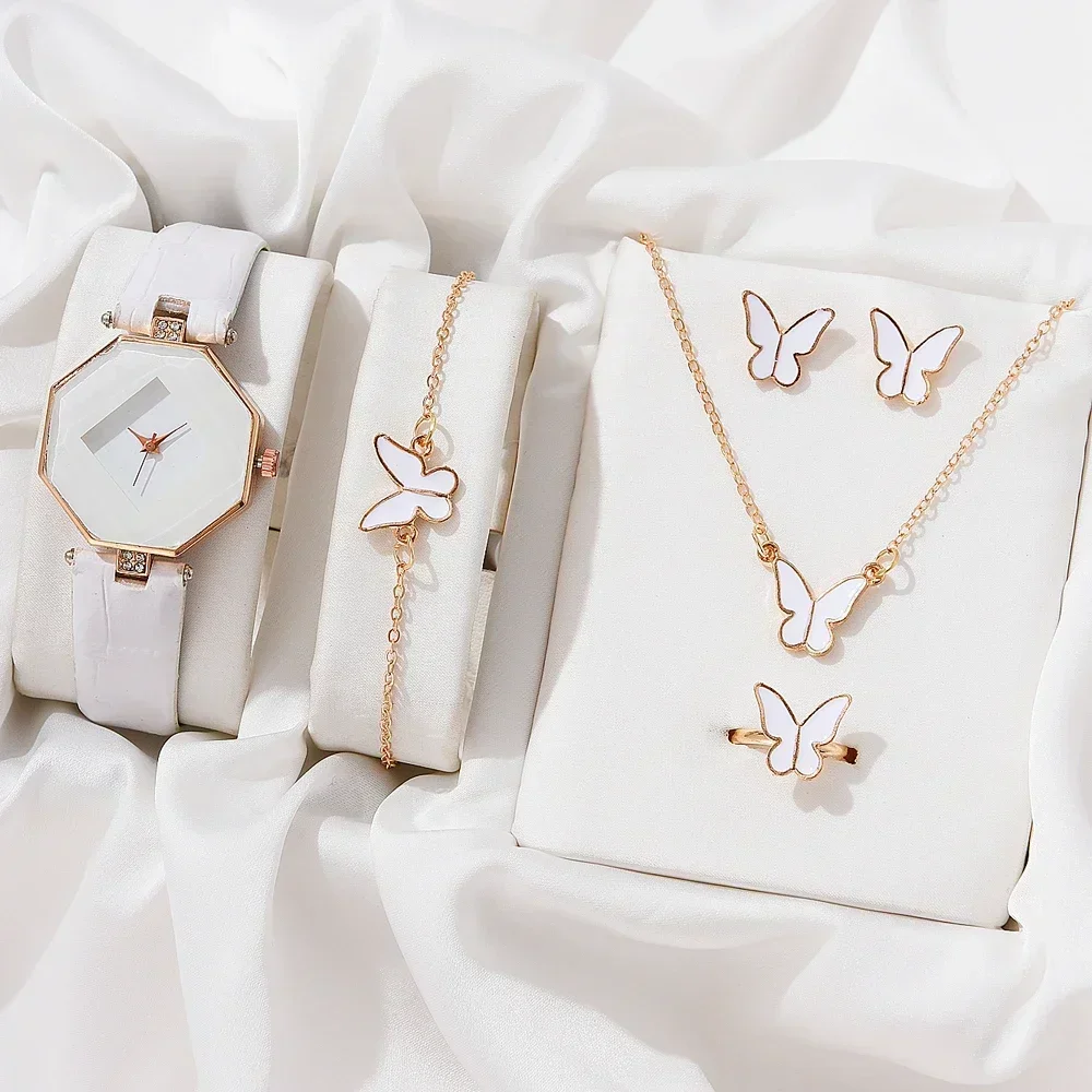 5 ชิ้นชุดแฟชั่นผู้หญิงนาฬิกาสุภาพสตรีนาฬิกาข้อมือสร้อยคอหญิงแหวนต่างหูของขวัญหนังควอตซ์นาฬิกา reloj mujer