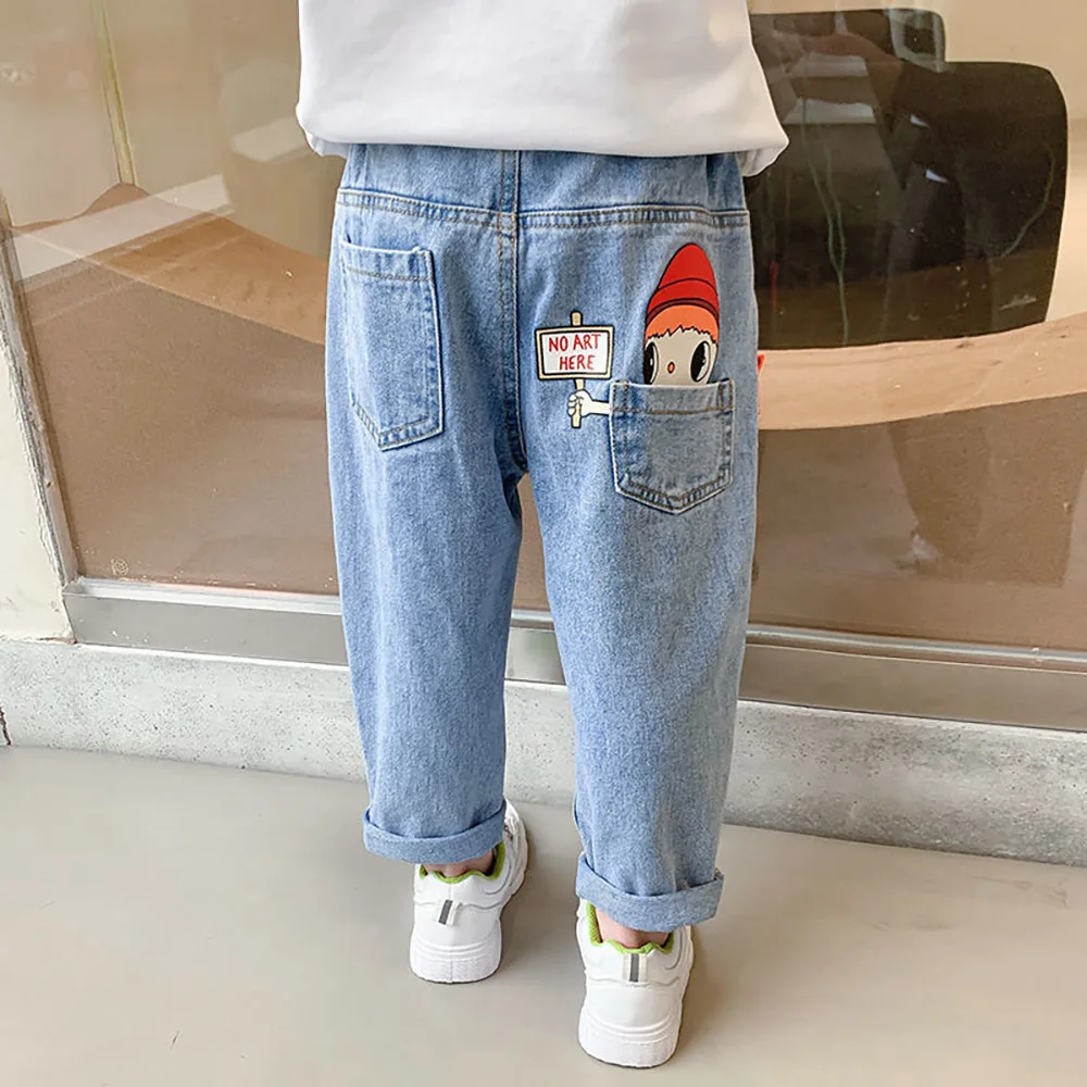 2024 New Lovely Cartoon Kids Jeans Spring Autumn Casual Elastic Waist Girls Denim Pants 2-8Years Old Children Trousers