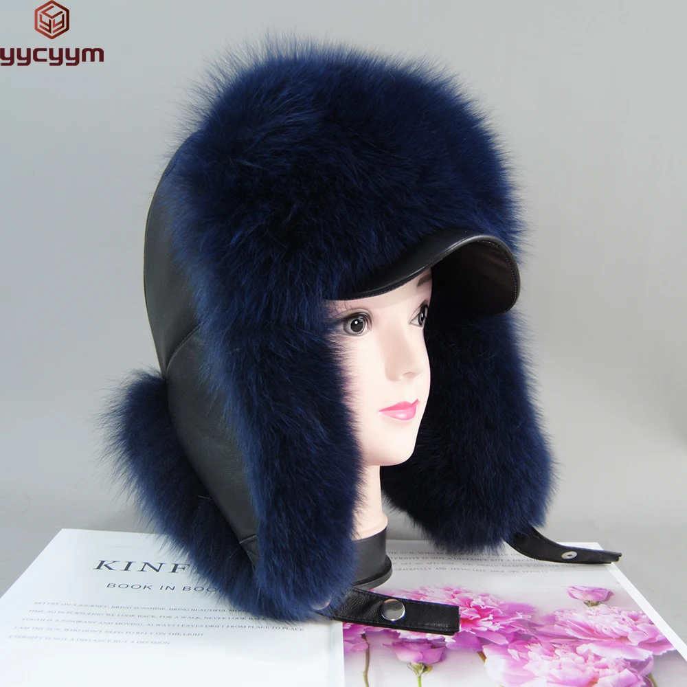 

Genuine Silver Fox Fur Hat with Ear Flaps Real Natural Fur Caps for Russian Women Bomber Hats Trapper Cap with Real Leather Top