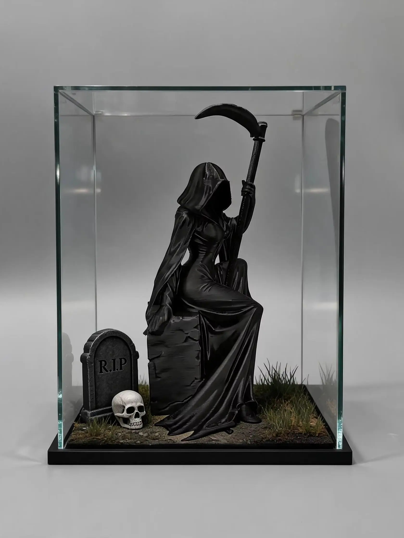 3D-Gedruckte Sitzende Weibliche Sensenfrau-Figur mit Sensenmesser, Gotische Lady Death Statue, Halloween Dunkle Horror-Tischdekoration – Detail 1