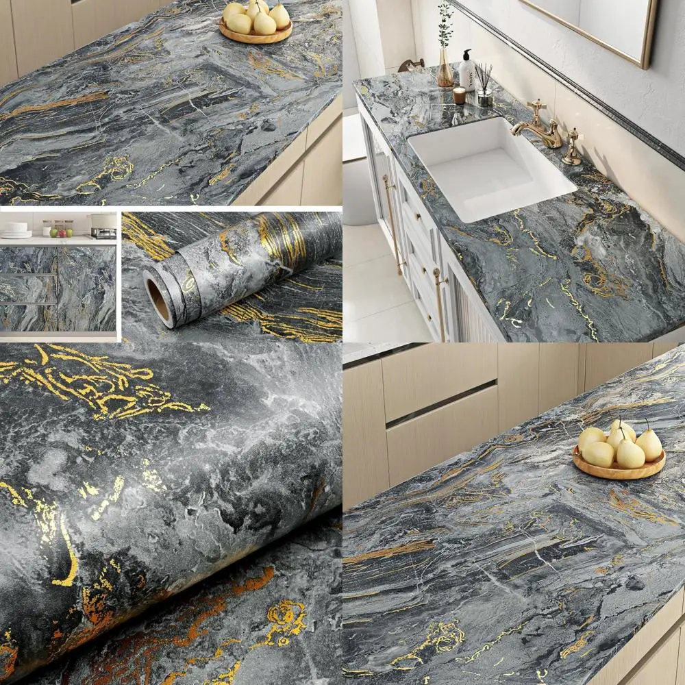 Gold and Black Marble Pattern Waterproof Peel and Stick Countertop Paper for Kitchen Counters, 36 Inch Wide, Durable and Easy to