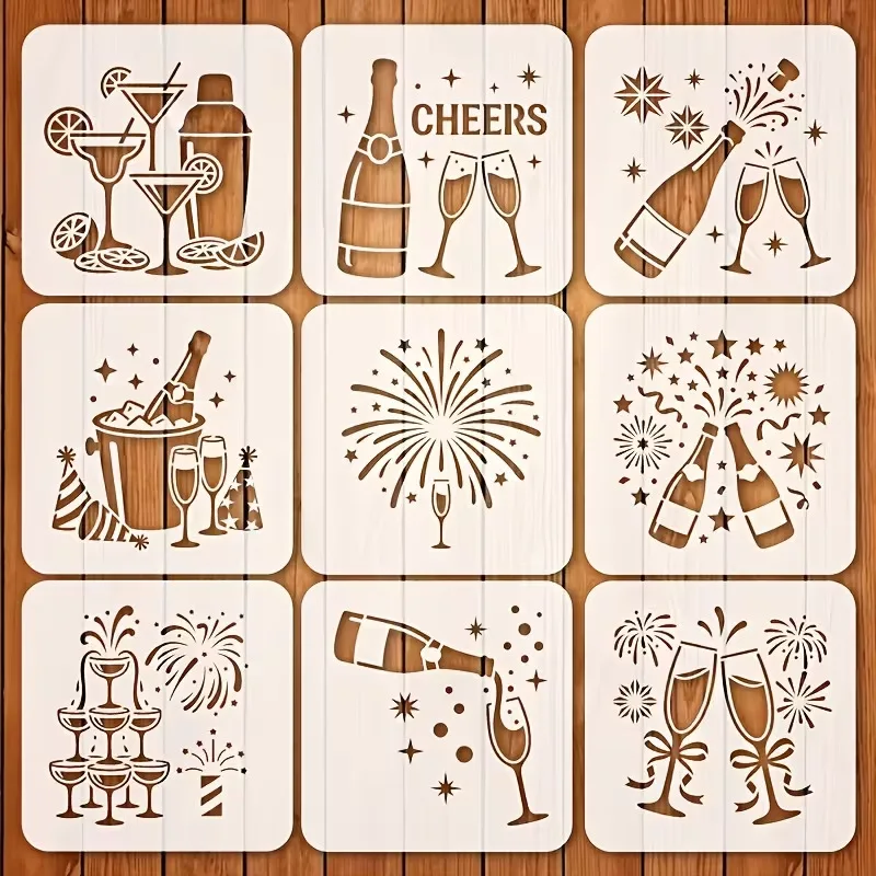9PCS Holiday Celebration Stencils for Painting Reusable PET Template DIY Cheers Champagne Firework Party Decor Graffiti Stencil